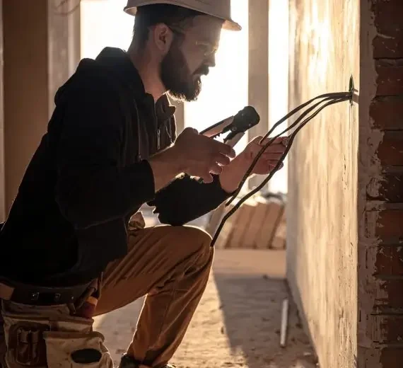 worker is cutting wires within the wall